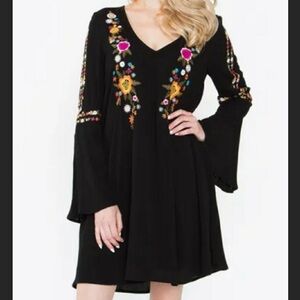 Sugar Lips Swing Trapeze Dress LG Embroidered Bell Sleeve Boho Floral Gauze